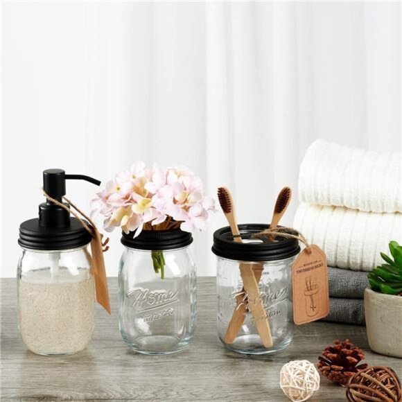 Farmhouse bathroom mason jar toothbrush holder rustic vanity organizer black - Picture 2 of 8